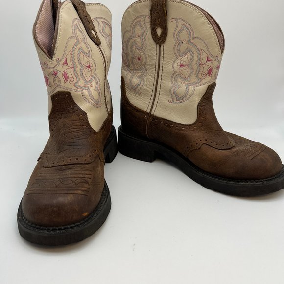 Justin Gypsy Roper Boots Barnwood Brown Cowhide/Cream Pink Stitching Sz 8B - Picture 1 of 12